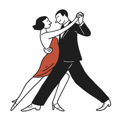 Couple dancing the tango in a stylized illustration with a red dress and black suit woman
