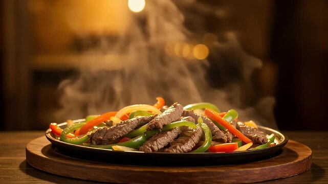 Steaming hot fajitas served on a sizzler plate with vibrant peppers and onions