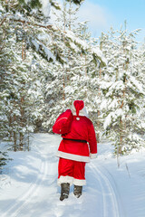 Authentic Santa Claus walking down the road in a winter snowy forest.