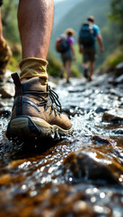Close-up of hiker&rsquo;s shoe splashing through rocky creek, outdoor adventure scene.
