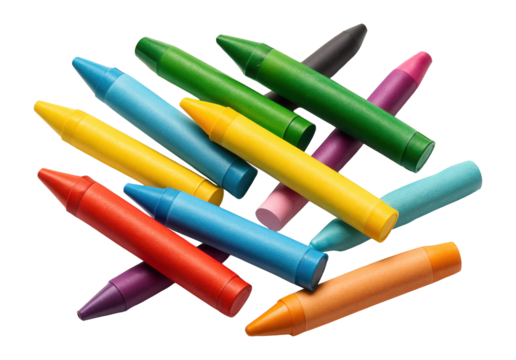 Brightly colored wax crayons scattered, symbolizing childhood creativity and artistic tools.