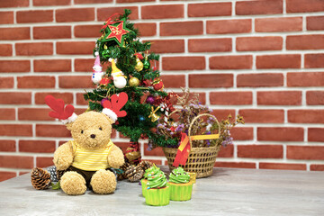 Christmas background with christmas tree for home decoration toy and teddy bear, snowman and...