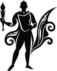 Silhouette of a Mythological Figure Holding a Torch with Decorative Wings on white background