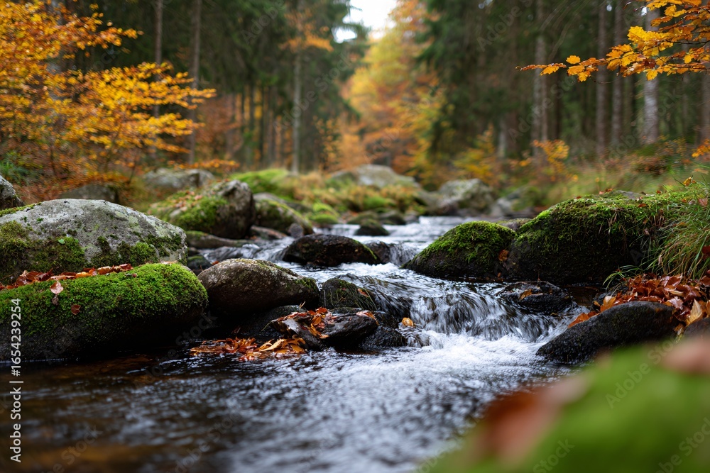 Poster winding stream flows through a vibrant autumn forest generative ai