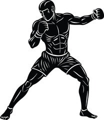 Black and White Vector Illustration of a Boxer in Fighting Stance Ready to Punch on white background