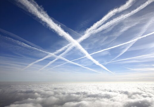 High-altitude jet trails crisscrossing a vast expanse of clouds beneath a vibrant blue sky - Powered by Adobe