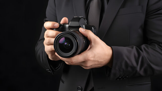 Professional photographer holding digital camera in studio portrait session