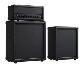 Obraz premium Two dark grey guitar amplifier stacks, one with two cabinets and a head unit, the other single-cabinet.