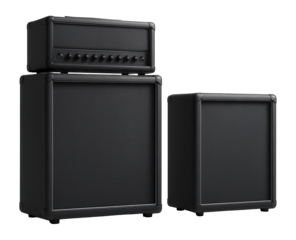 Two dark grey guitar amplifier stacks, one with two cabinets and a head unit, the other single-cabinet.