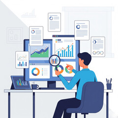  Flat vector illustration of business analyst working with financial charts and reports