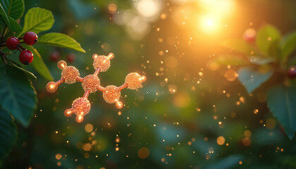 Glucose molecule formation visualized with sunlight, plants. Represents photosynthesis, cellular energy, plant growth. Molecular structure detailed, set against blurred background with glowing