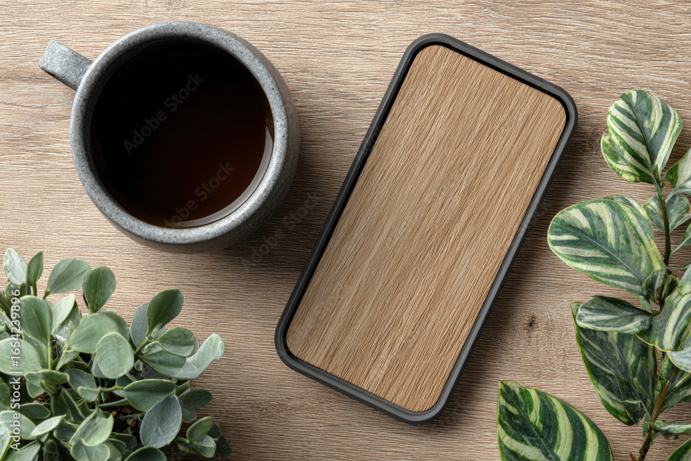 Poster wooden phone stand on modern office desk with empty space for text in flatlay view