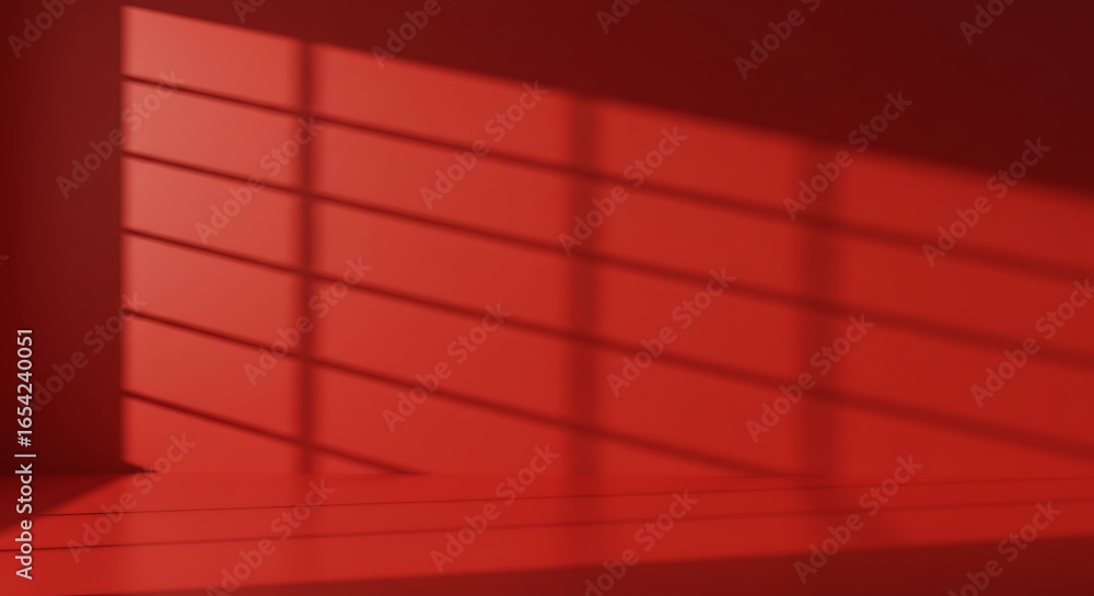 Poster a red room with sunlight streaming through a window, creating a grid-like shadow pattern on the wall