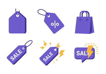 Collection of purple sale tags, shopping bags, and sale icons on a white background.