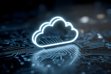 Abstract digital cloud concept on circuit board background, representing cloud computing and technology.