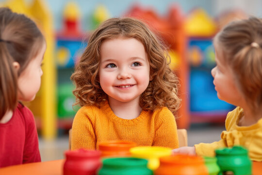 Children brainstorming together in a colorful classroom with playful decorations