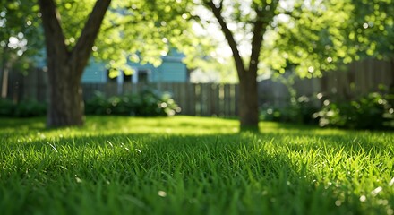 Obraz premium Lush green grass illuminated by sunlight beneath trees in a serene backyard.
