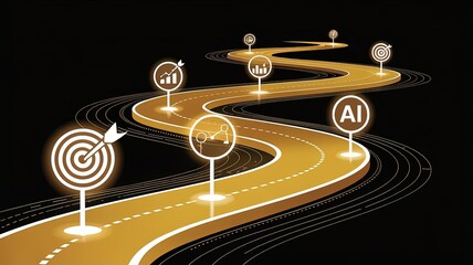 Strategic Roadmap: A luminous, winding path toward a bullseye target and artificial intelligence, illustrating the key milestones and technological advancements, showcasing a digital journey.