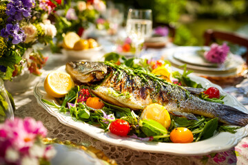 Freshly grilled fish served with lemon, vegetables, and herbs on an elegant outdoor dining table