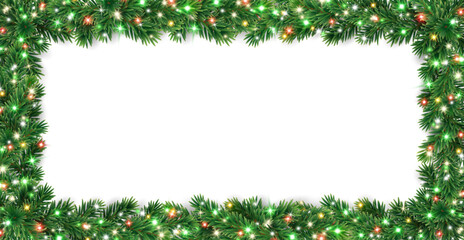 Christmas rectangular frame with glowing Christmas lights. Christmas tree decoration. Holiday fir tree garland. Festive winter season frame, spruce branches. Transparent background in vector file.