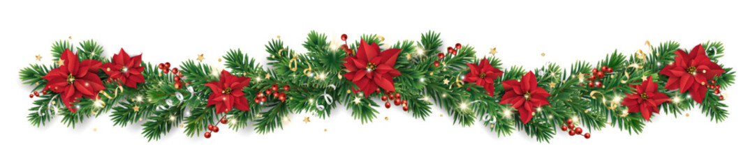 Horizontal Christmas garland with poinsettias, pine branches, holly berries, and confetti. Decoration for holiday banners, cards, and party posters. Transparent background in vector file.