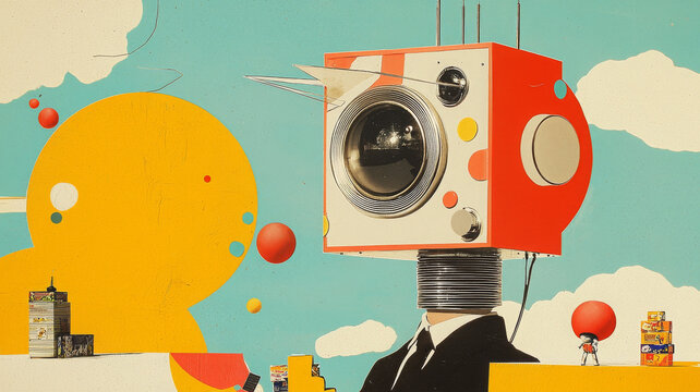 Toy robot shows dada collage with childhood joy and whimsical design