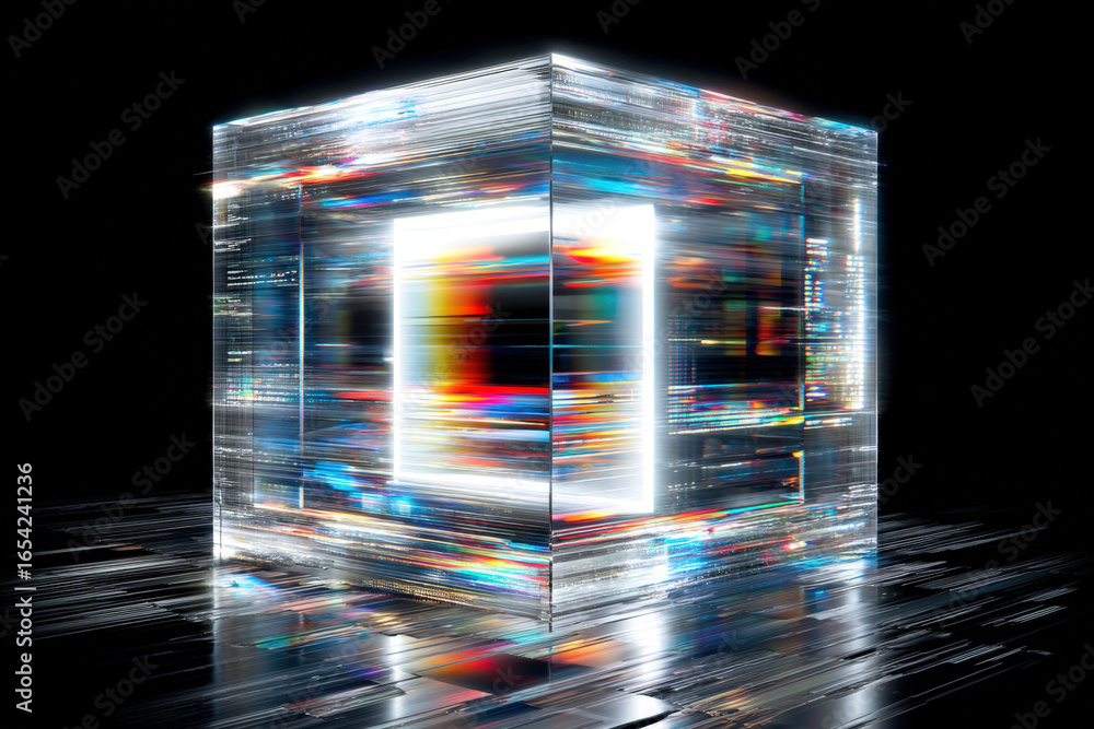 Aufkleber futuristic card mockup inside a transparent augmented reality cube with digital effects