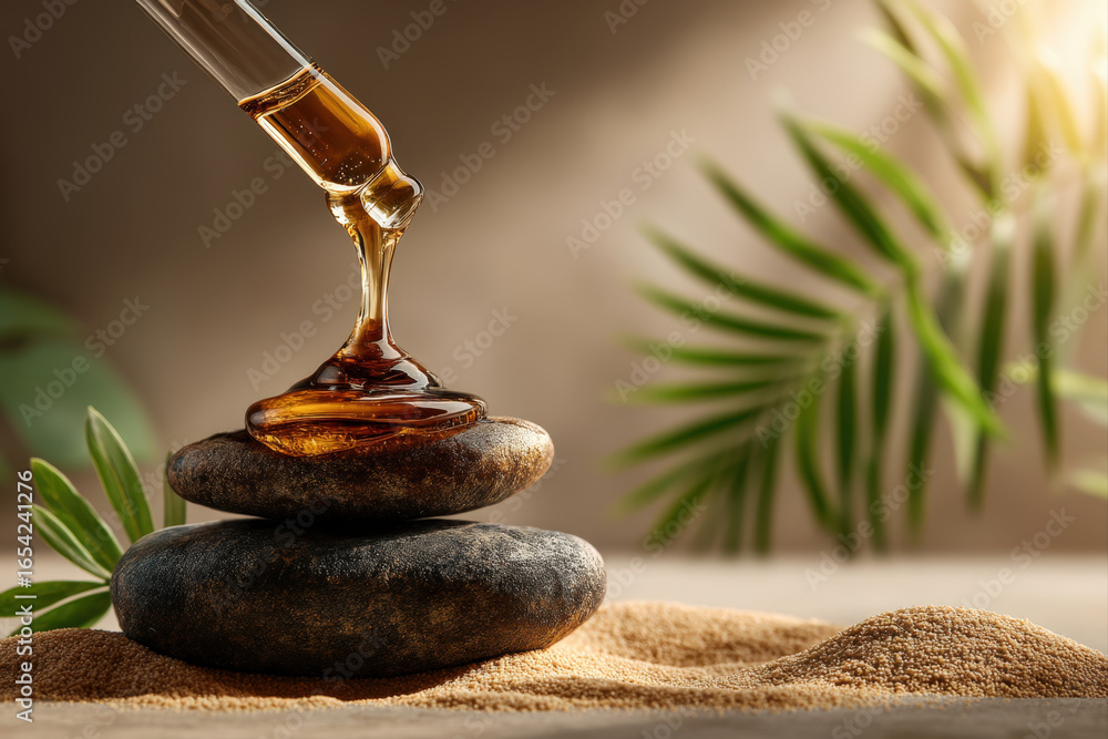 Poster cosmetic dropper mockup floating above plain surface with soft realistic shadow