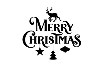 Black Merry Christmas lettering. Hanging Christmas tree, star and ornament. Reindeer on top. For cards, posters, gift tags. Transparent background in vector file.