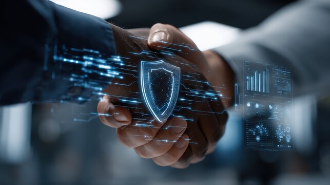 Professionals Shaking Hands with Digital Security Symbol Overlaid Overlay