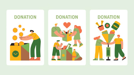 Animated Illustration of People Donating Money, Goods, and Supplies to Charitable Causes