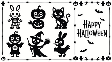 Black and White Halloween Graphics Featuring Pumpkins, Bats, Cat, Bunnies, and Happy Halloween Message