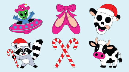 Cartoon Alien Spaceship, Ballet Shoes, Candy Canes, Raccoon, Cows With Santa Hats Illustration