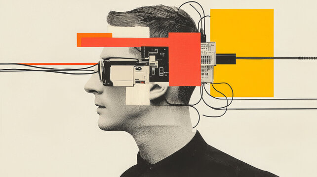 Collage man with abstract mind is deep in thought and lost in dreams