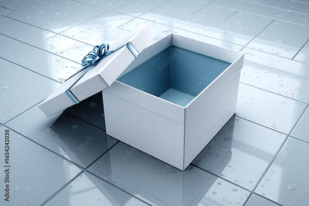 Poster white box with blue lid on glossy tiled floor showing realistic reflections