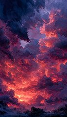 Dramatic sunset sky with vibrant pink and purple clouds over a misty landscape
