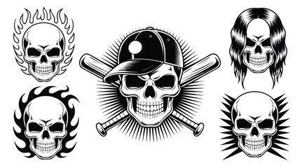 Collection of Black and White Skull Designs with Flames, Hair, Baseball Bats, and Caps