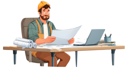 Worker sitting at a desk with a laptop, reviewing plans and working remotely