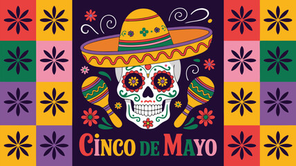 Obraz premium Colorful Cinco de Mayo Celebration Skull with Sombrero, Maracas, and Floral Accents Illustration