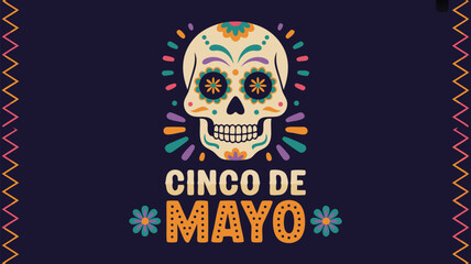 Fototapeta premium Colorful Cinco de Mayo Illustration with Decorated Skull and Festive Zigzag Border