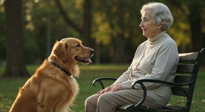Golden retriever hearing dog beside elderly deaf woman on park bench in morning sunlight - Powered by Adobe