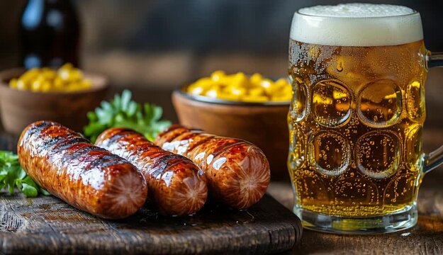Sausage accompanied by mustard and a refreshing beer