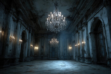 Fototapeta premium Blank chalkboard wall in a modern haunted mansion lobby with chandelier lighting