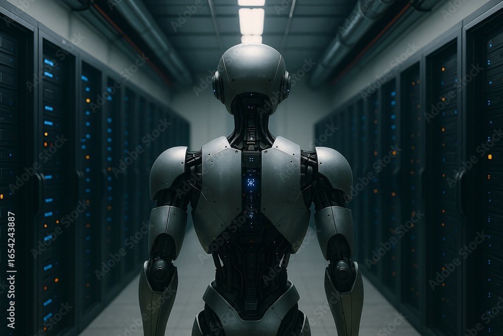 Fototapete futuristic ai humanoid robot in a server room, symbolizing data center management, cloud computing, 