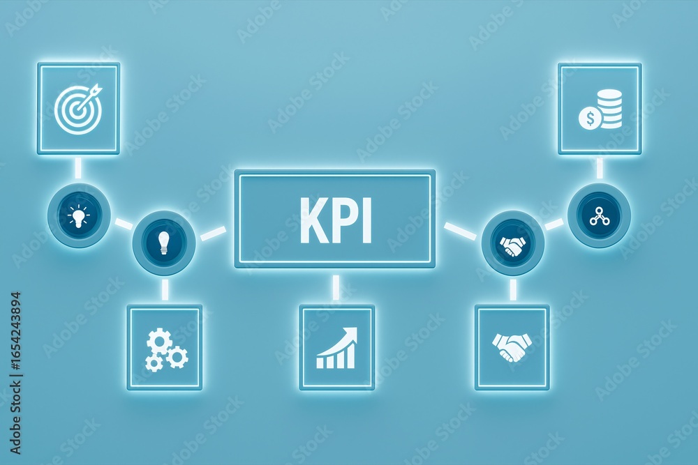 Poster kpi (key performance indicator) concept with glowing business icons on a virtual screen. performance