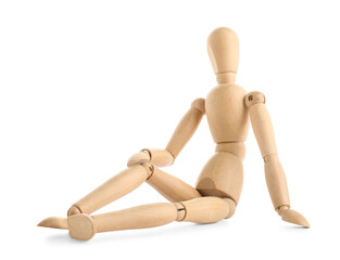 Wooden mannequin sitting on white background