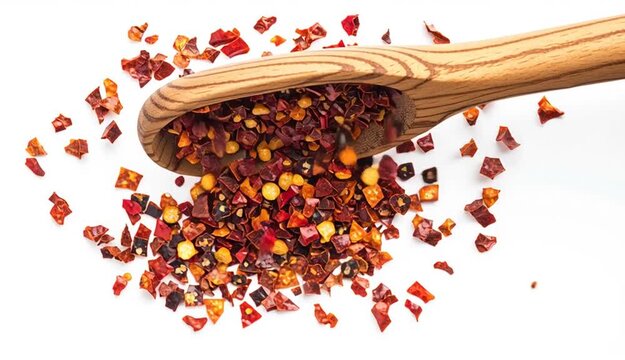 Spicy chili red pepper flakes, chopped, milled dry paprika pile in wooden sppon
