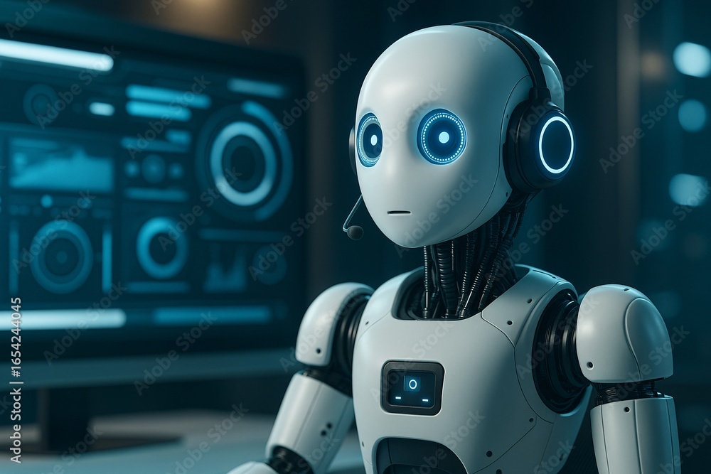 Poster friendly ai robot operator with a headset in a modern tech office, representing the future of custom