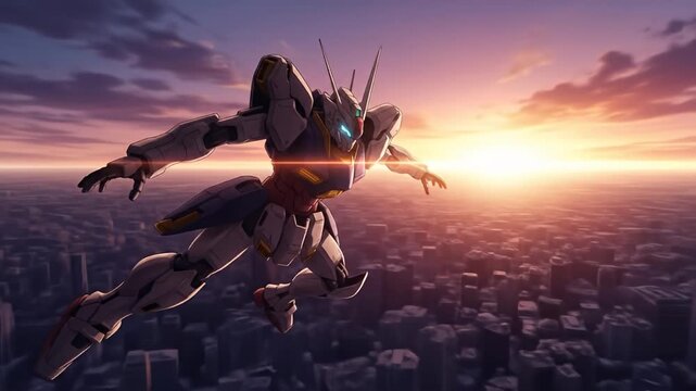 Mecha flies above city at sunset, ready for battle