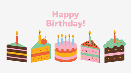 Colorful Happy Birthday Cake Slices with Candles Illustration, Festive Dessert for Celebration